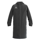 The black Gilbert TTS Touchline Jacket is a waterproof coat with a hood, snap-button front, two side pockets, and the Gilbert logo on the upper left chest—perfect for comfort in wet weather.