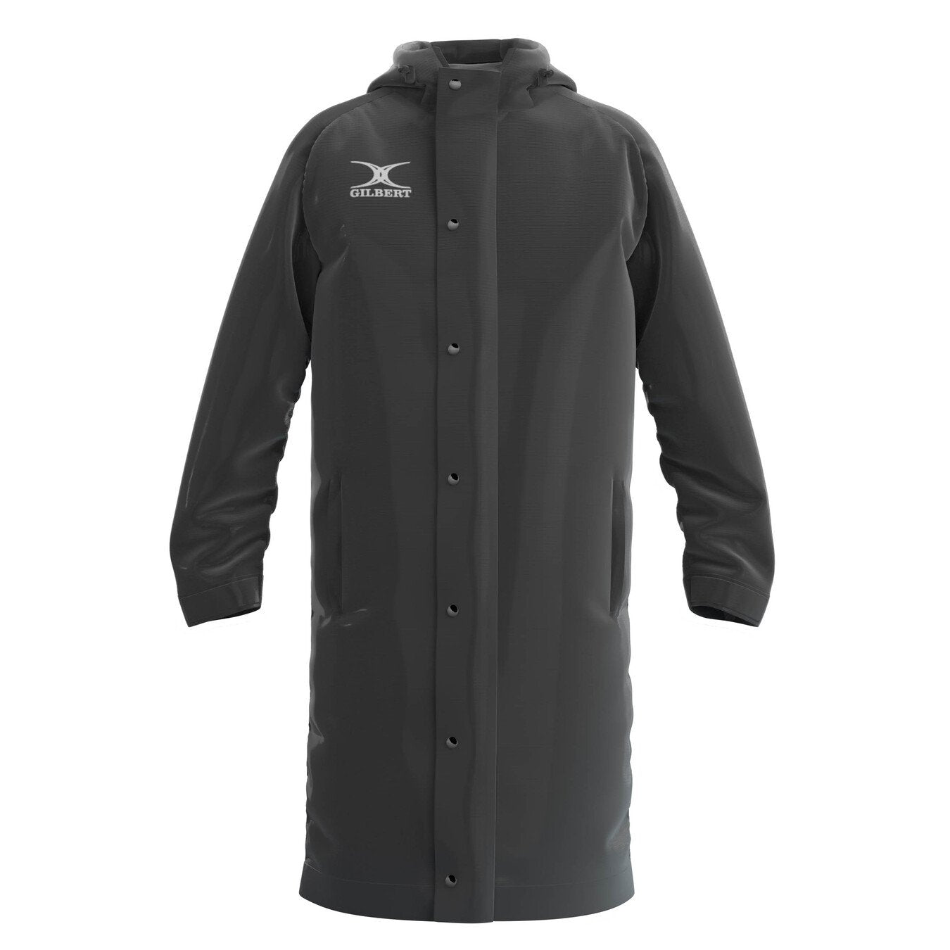 The black Gilbert TTS Touchline Jacket is a waterproof coat with a hood, snap-button front, two side pockets, and the Gilbert logo on the upper left chest—perfect for comfort in wet weather.