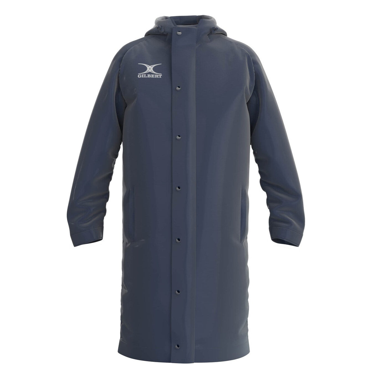 The Gilbert TTS Touchline Jacket is a long, dark navy waterproof coat with a hood, snap-button front, two side pockets, and the Gilbert logo on the chest.