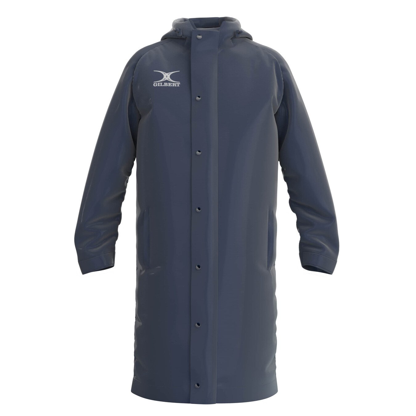 The Gilbert TTS Touchline Jacket is a long, dark navy waterproof coat with a hood, snap-button front, two side pockets, and the Gilbert logo on the chest.