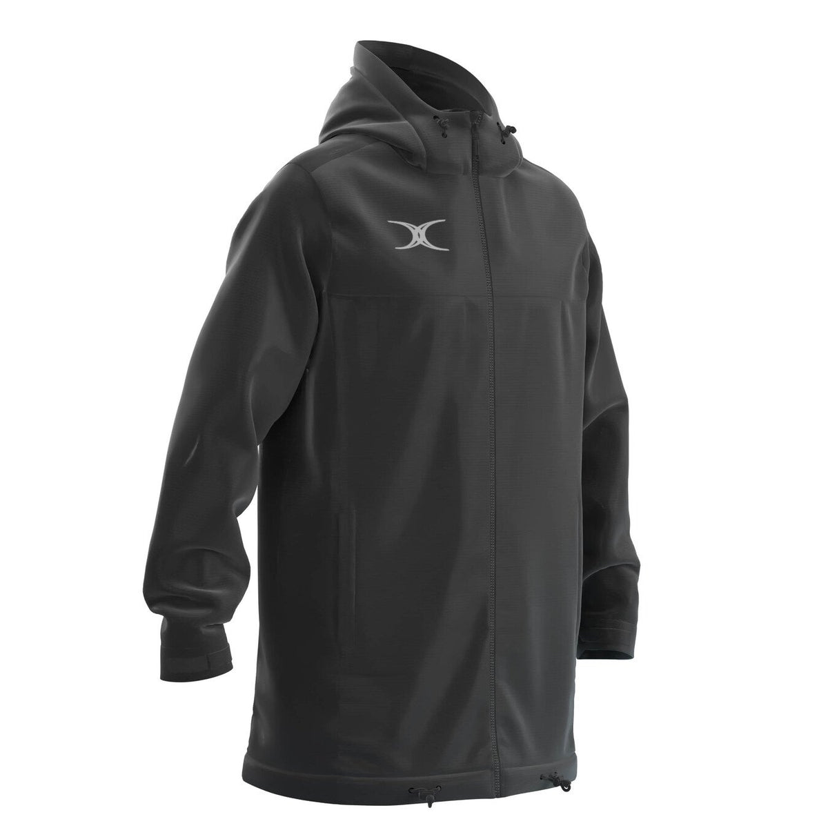 The Gilbert TTS All Weather Jacket by Gilbert is a long, black waterproof jacket made from recycled polyester with a front zipper, drawstring hood and hem, white chest logo, long sleeves, and a relaxed fit.