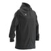 The Gilbert TTS All Weather Jacket by Gilbert is a long, black waterproof jacket made from recycled polyester with a front zipper, drawstring hood and hem, white chest logo, long sleeves, and a relaxed fit.
