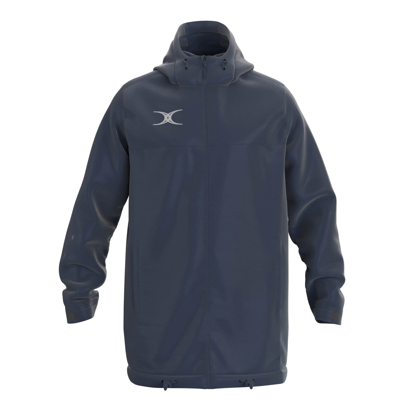 The Gilbert TTS All Weather Jacket by Gilbert is a dark gray, hooded waterproof jacket made from recycled polyester, featuring a white logo on the left chest, front zipper, adjustable cuffs, and hem drawstrings. Displayed on a plain white background.