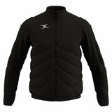 The Gilbert GTS Full Zip Jacket by Gilbert is a black, water-repellent, quilted jacket with long sleeves, high collar, subtle diagonal stitching, full front zip, and a small white logo on the left chest.