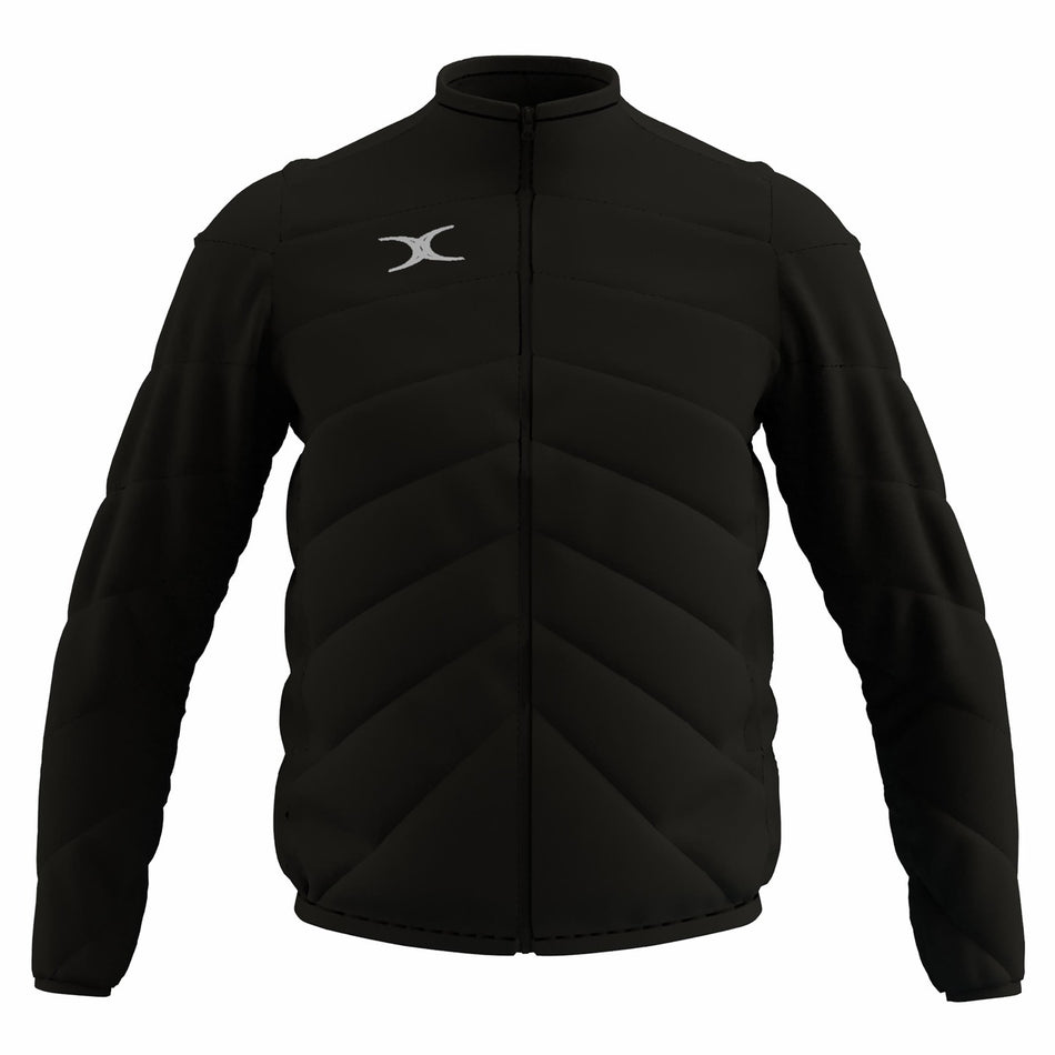 The Gilbert GTS Full Zip Jacket by Gilbert is a black, water-repellent, quilted jacket with long sleeves, high collar, subtle diagonal stitching, full front zip, and a small white logo on the left chest.