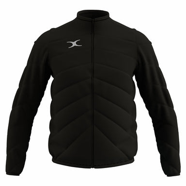 The Gilbert GTS Full Zip Jacket by Gilbert is a black, water-repellent, quilted jacket with long sleeves, high collar, subtle diagonal stitching, full front zip, and a small white logo on the left chest.