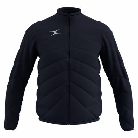 The Gilbert GTS Full Zip Jacket by Gilbert comes in dark navy, featuring long sleeves, padded design, a front zipper, high collar, diagonal stitching for style and warmth, and a small white logo on the left chest.