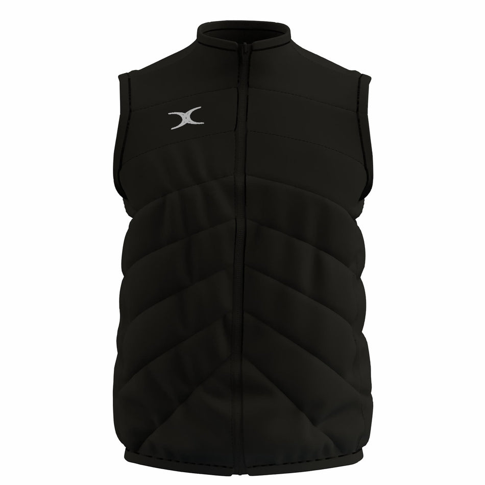 The Gilbert GTS Body Warmer by Gilbert is a black, sleeveless zip-up vest with chevron stitching, a small white chest logo, and water-repellent fabric for added protection.
