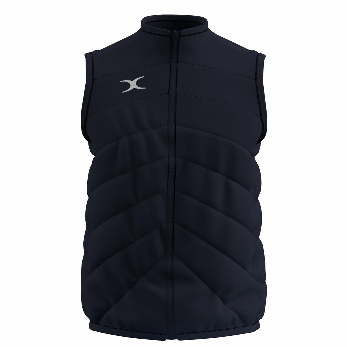 The Gilbert GTS Body Warmer by Gilbert is a dark navy, sleeveless padded vest with a front zipper and a small white logo on the left chest, shown on a plain white background.