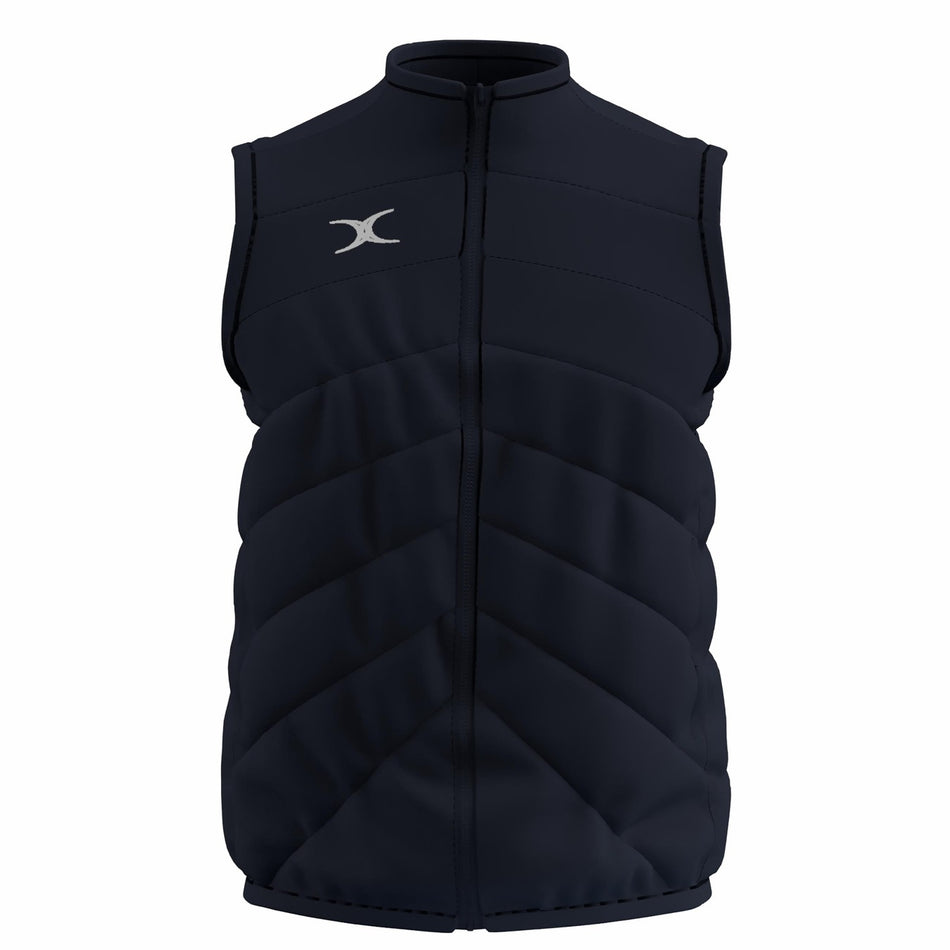 The Gilbert GTS Body Warmer by Gilbert is a dark navy, sleeveless padded vest with a front zipper and a small white logo on the left chest, shown on a plain white background.