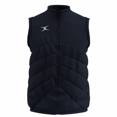 The Gilbert GTS Body Warmer by Gilbert is a dark navy, sleeveless padded vest with a front zipper and a small white logo on the left chest, shown on a plain white background.