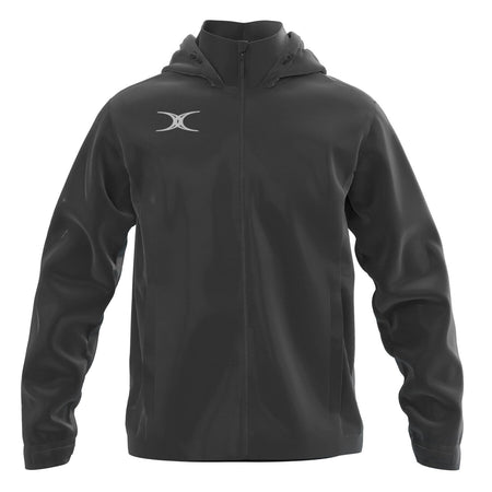 The Gilbert TTS Rain Jacket by Gilbert is a black hooded jacket with a front zipper, long sleeves, and two side pockets. It features a white crescent logo on the left chest and has a sleek, simple design.