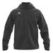The Gilbert TTS Rain Jacket by Gilbert is a black hooded jacket with a front zipper, long sleeves, and two side pockets. It features a white crescent logo on the left chest and has a sleek, simple design.