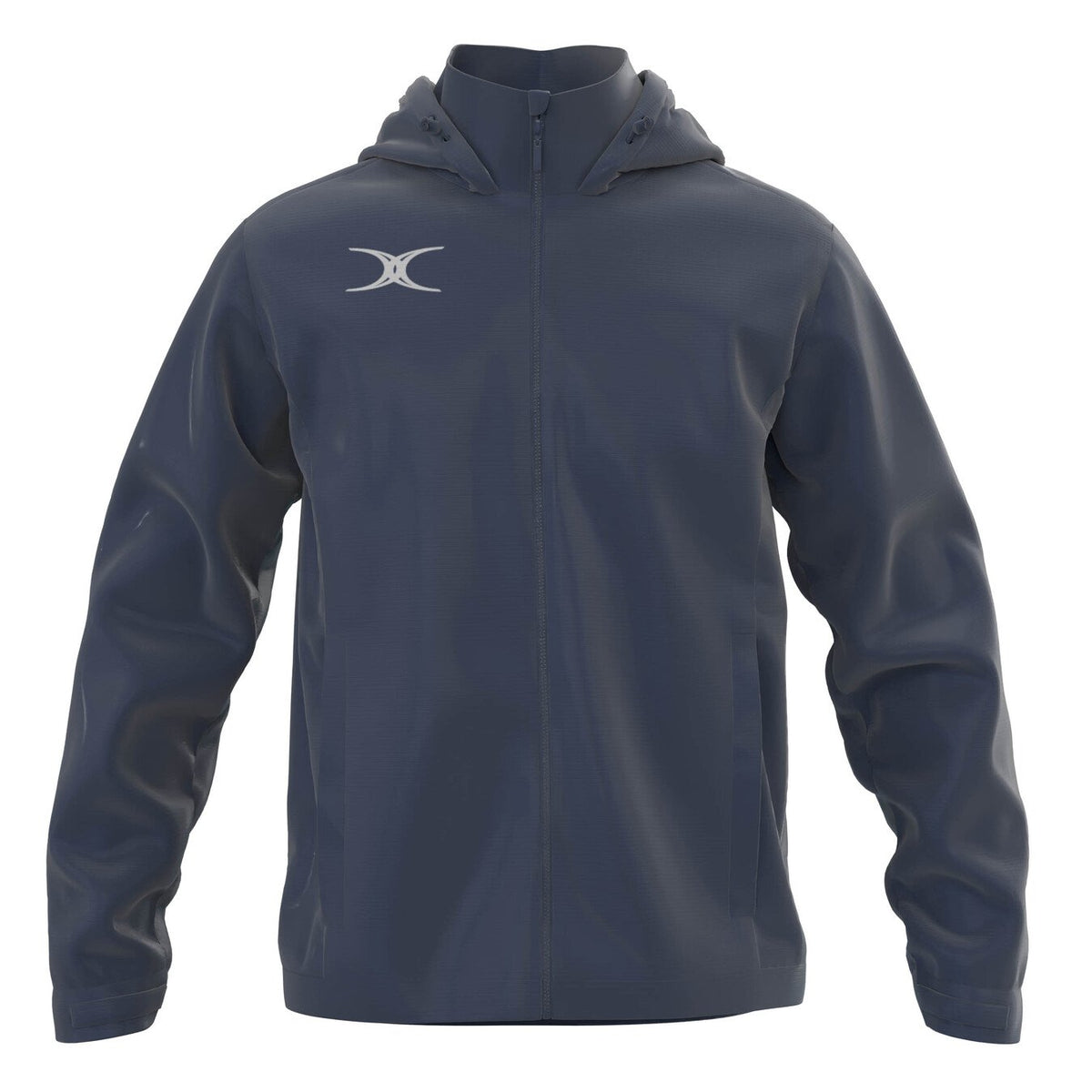 The Gilbert TTS Rain Jacket by Gilbert is a dark gray hooded jacket featuring a full front zipper, long sleeves, two side pockets, and a white crescent logo on the left chest.
