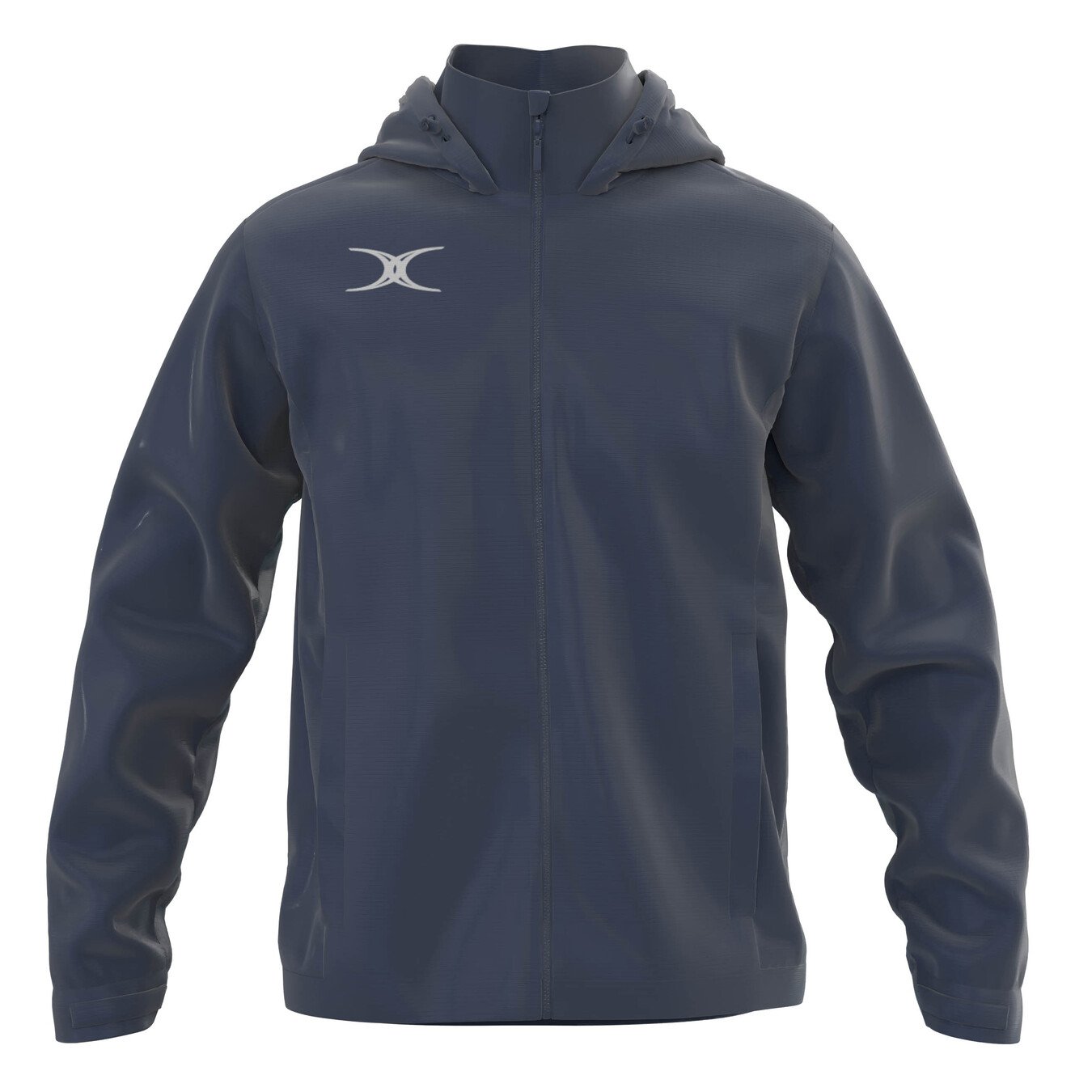 The Gilbert TTS Rain Jacket by Gilbert is a dark gray hooded jacket featuring a full front zipper, long sleeves, two side pockets, and a white crescent logo on the left chest.