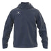 The Gilbert TTS Rain Jacket by Gilbert is a dark gray hooded jacket featuring a full front zipper, long sleeves, two side pockets, and a white crescent logo on the left chest.