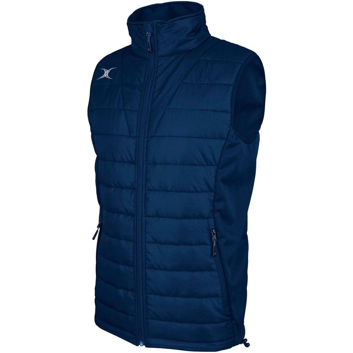 The Gilbert Pro Body Warmer by Gilbert is a sleeveless, navy quilted vest with a high collar, front zipper, two zippered pockets, and a small white logo on the upper left chest. Made from breathable technical fabric.