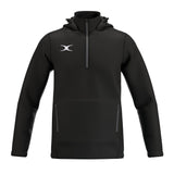 The Gilbert Atom Fleece Lined Jacket by Gilbert is a black, hooded, recycled polyester pullover with a half-zip front, zippered side pockets, white chest logo, long sleeves, minimalist style, and water repellent performance.