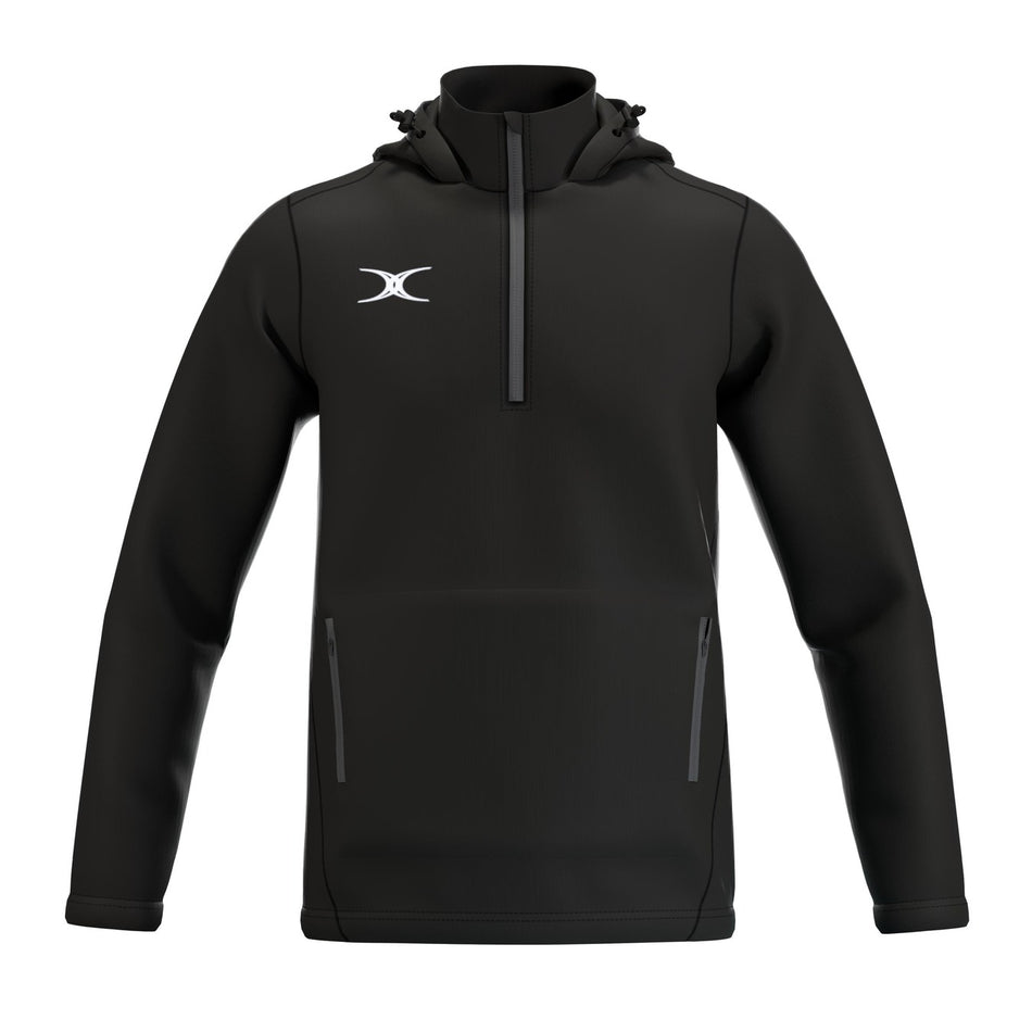 The Gilbert Atom Fleece Lined Jacket by Gilbert is a black, hooded, recycled polyester pullover with a half-zip front, zippered side pockets, white chest logo, long sleeves, minimalist style, and water repellent performance.