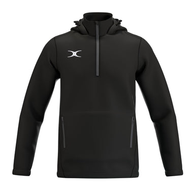 The Gilbert Atom Fleece Lined Jacket by Gilbert is a black, hooded, recycled polyester pullover with a half-zip front, zippered side pockets, white chest logo, long sleeves, minimalist style, and water repellent performance.