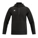 The Gilbert Atom Fleece Lined Jacket by Gilbert is a black, hooded, recycled polyester pullover with a half-zip front, zippered side pockets, white chest logo, long sleeves, minimalist style, and water repellent performance.