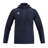 The Gilbert Atom Fleece Lined Jacket by Gilbert is a navy blue, water-repellent outerwear with a hood, half-zip front, two zippered side pockets, long sleeves, and a white logo on the left chest for sporty comfort.