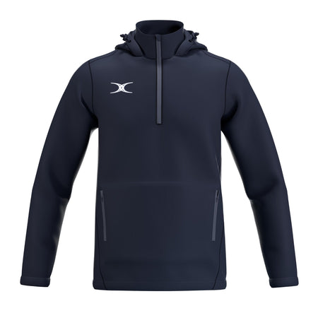 The Gilbert Atom Fleece Lined Jacket by Gilbert is a navy blue, water-repellent outerwear with a hood, half-zip front, two zippered side pockets, long sleeves, and a white logo on the left chest for sporty comfort.