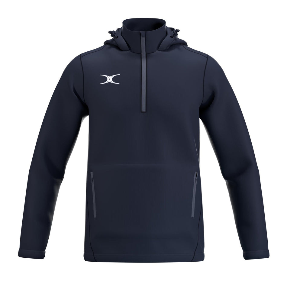 The Gilbert Atom Fleece Lined Jacket by Gilbert is a navy blue, water-repellent outerwear with a hood, half-zip front, two zippered side pockets, long sleeves, and a white logo on the left chest for sporty comfort.