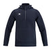 The Gilbert Atom Fleece Lined Jacket by Gilbert is a navy blue, water-repellent outerwear with a hood, half-zip front, two zippered side pockets, long sleeves, and a white logo on the left chest for sporty comfort.