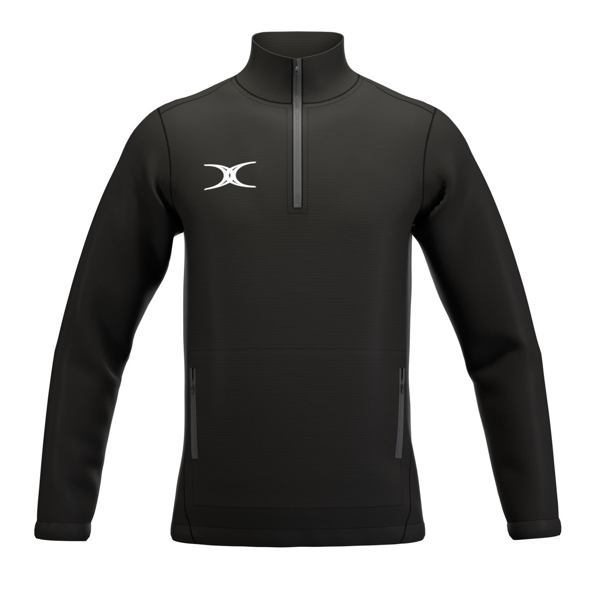 The Gilbert Atom 1/4 Zip Jacket by Gilbert is a black, lightweight outerwear with a high collar, two zippered pockets, and a white logo. Made from recycled polyester, its sleek design fits both sports and casual wear.