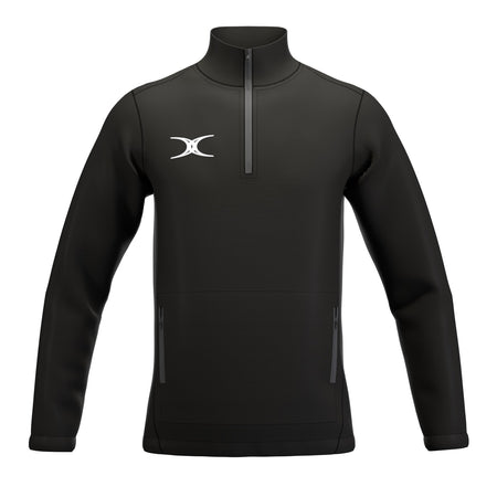 The Gilbert Atom 1/4 Zip Jacket by Gilbert is a black, lightweight outerwear with a high collar, two zippered pockets, and a white logo. Made from recycled polyester, its sleek design fits both sports and casual wear.