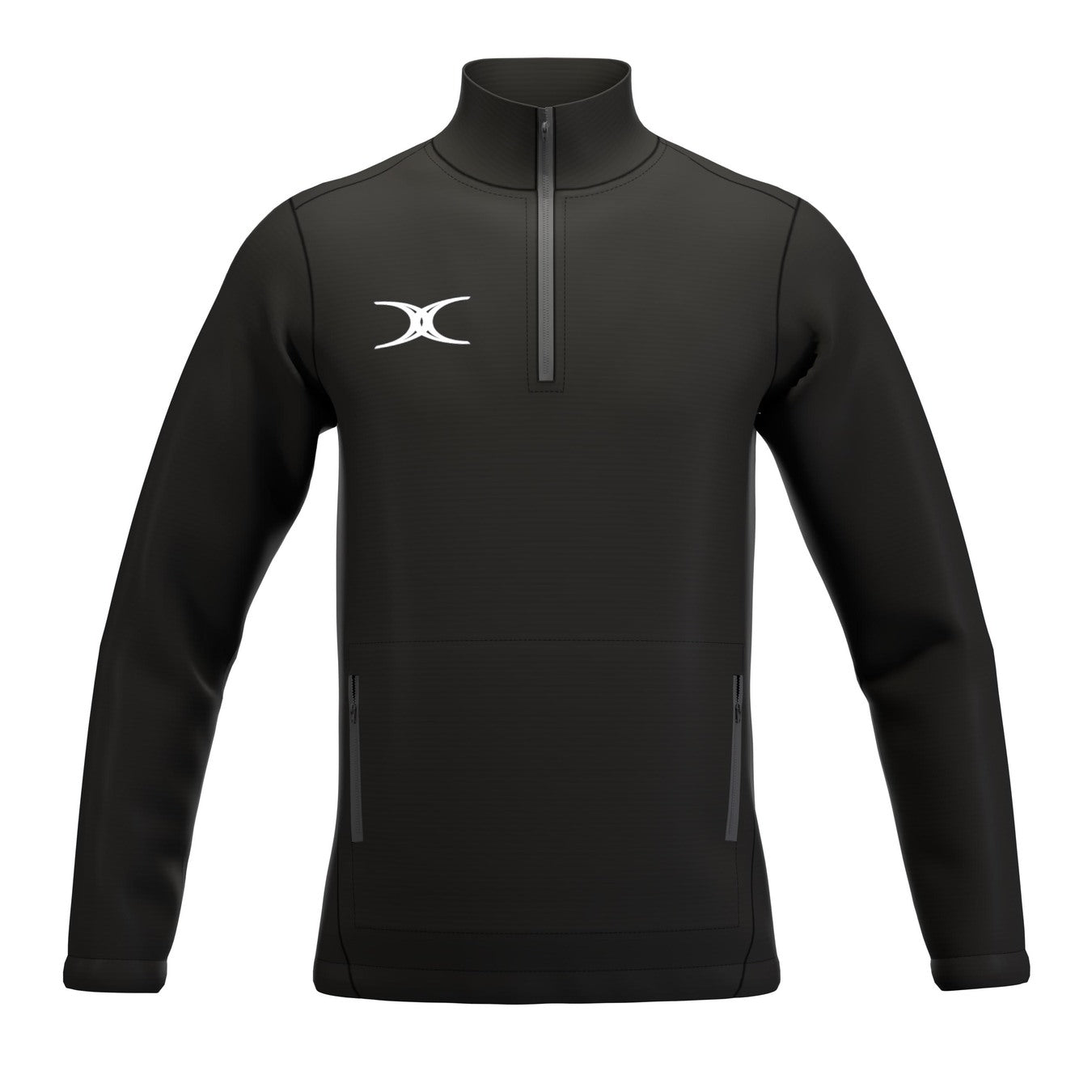 The Gilbert Atom 1/4 Zip Jacket by Gilbert is a black, lightweight outerwear with a high collar, two zippered pockets, and a white logo. Made from recycled polyester, its sleek design fits both sports and casual wear.