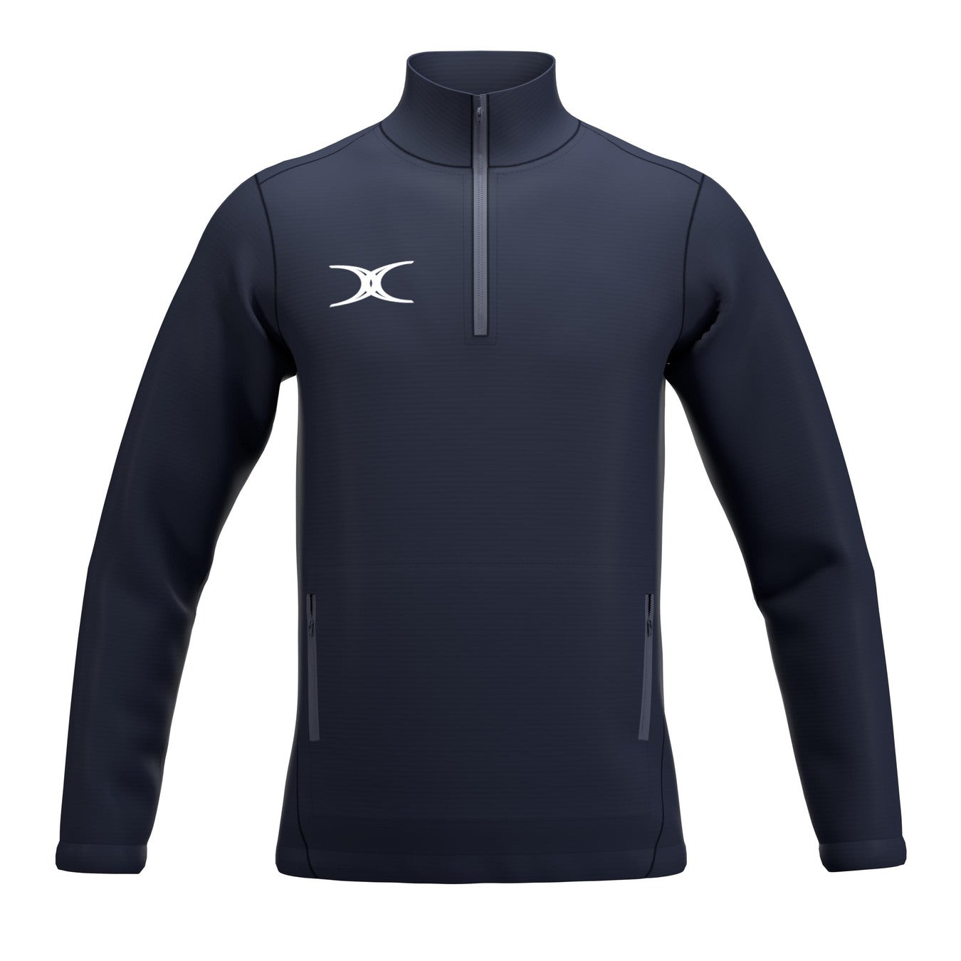 The Gilbert Atom 1/4 Zip Jacket by Gilbert is a navy blue lightweight outerwear piece made from recycled polyester, with long sleeves, high collar, two side zip pockets, and a white abstract chest logo.