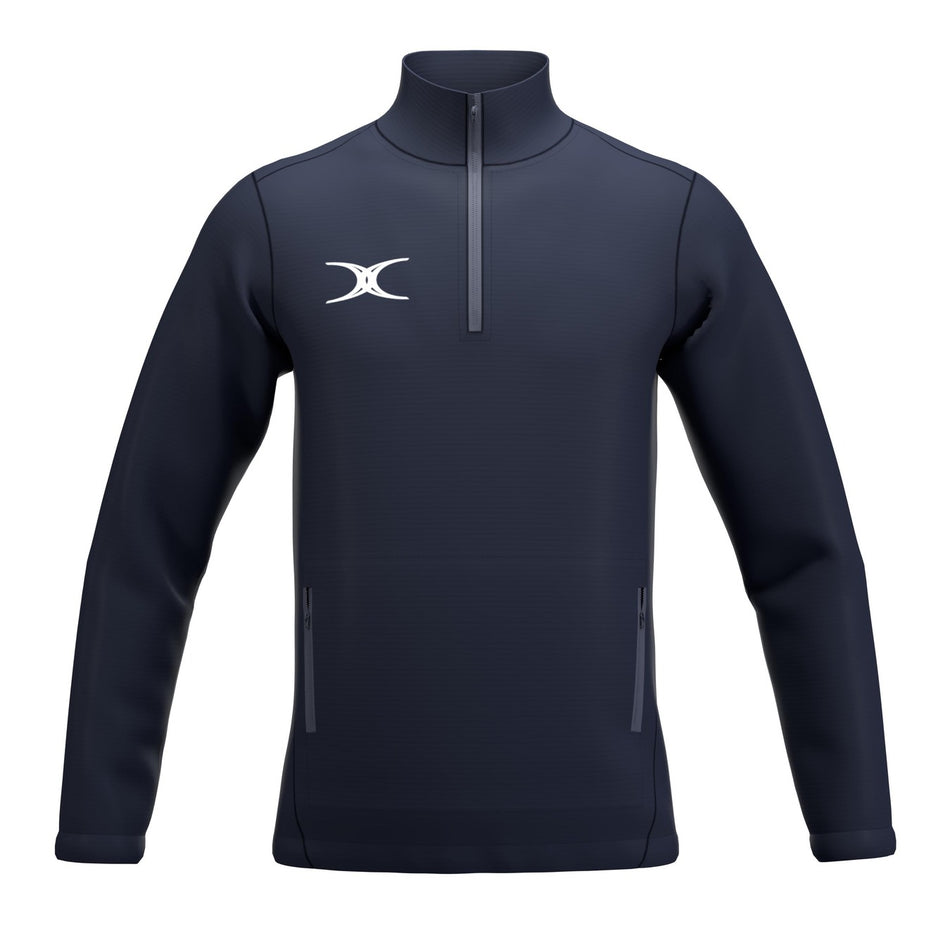 The Gilbert Atom 1/4 Zip Jacket by Gilbert is a navy blue lightweight outerwear piece made from recycled polyester, with long sleeves, high collar, two side zip pockets, and a white abstract chest logo.