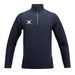The Gilbert Atom 1/4 Zip Jacket by Gilbert is a navy blue lightweight outerwear piece made from recycled polyester, with long sleeves, high collar, two side zip pockets, and a white abstract chest logo.