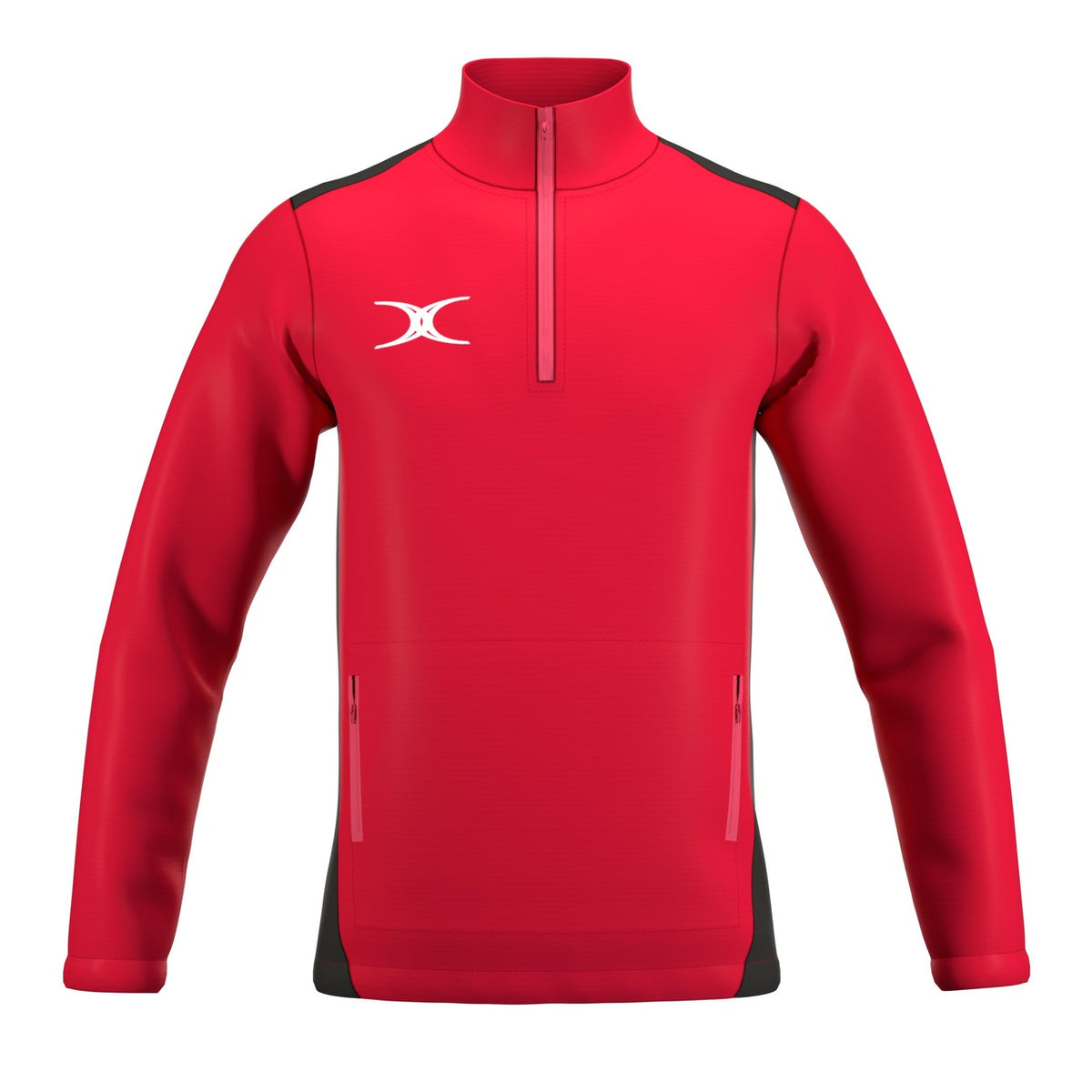 The Gilbert Atom 1/4 Zip Jacket by Gilbert features recycled polyester in red with black side panels, two zippered pockets, and a white abstract logo on the left chest—ideal lightweight outerwear for an active lifestyle.