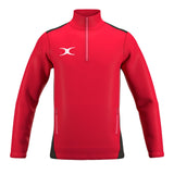 The Gilbert Atom 1/4 Zip Jacket by Gilbert features recycled polyester in red with black side panels, two zippered pockets, and a white abstract logo on the left chest—ideal lightweight outerwear for an active lifestyle.