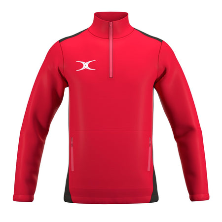 The Gilbert Atom 1/4 Zip Jacket by Gilbert features recycled polyester in red with black side panels, two zippered pockets, and a white abstract logo on the left chest—ideal lightweight outerwear for an active lifestyle.