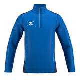 The Gilbert Atom 1/4 Zip Jacket by Gilbert is a long-sleeved, bright blue recycled polyester jacket with two front zip pockets, black side panels, and a white abstract logo—ideal lightweight outerwear for active days.