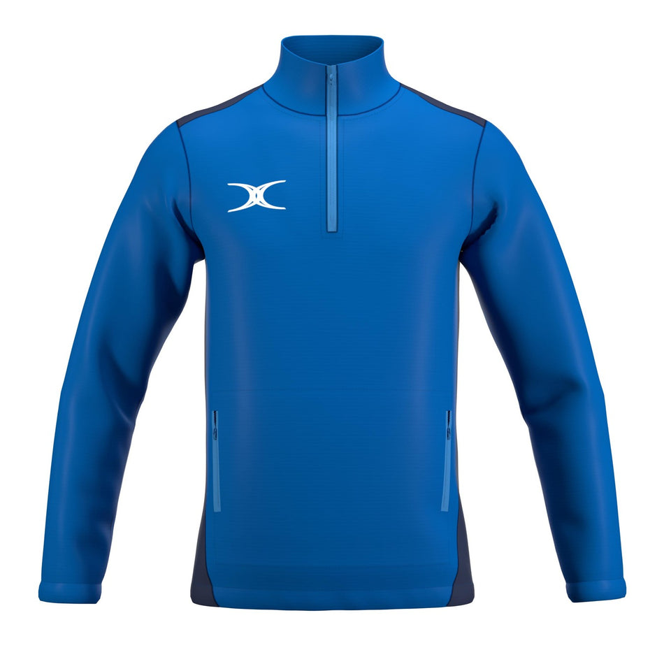 The Gilbert Atom 1/4 Zip Jacket by Gilbert is a long-sleeved, bright blue recycled polyester jacket with two front zip pockets, black side panels, and a white abstract logo—ideal lightweight outerwear for active days.