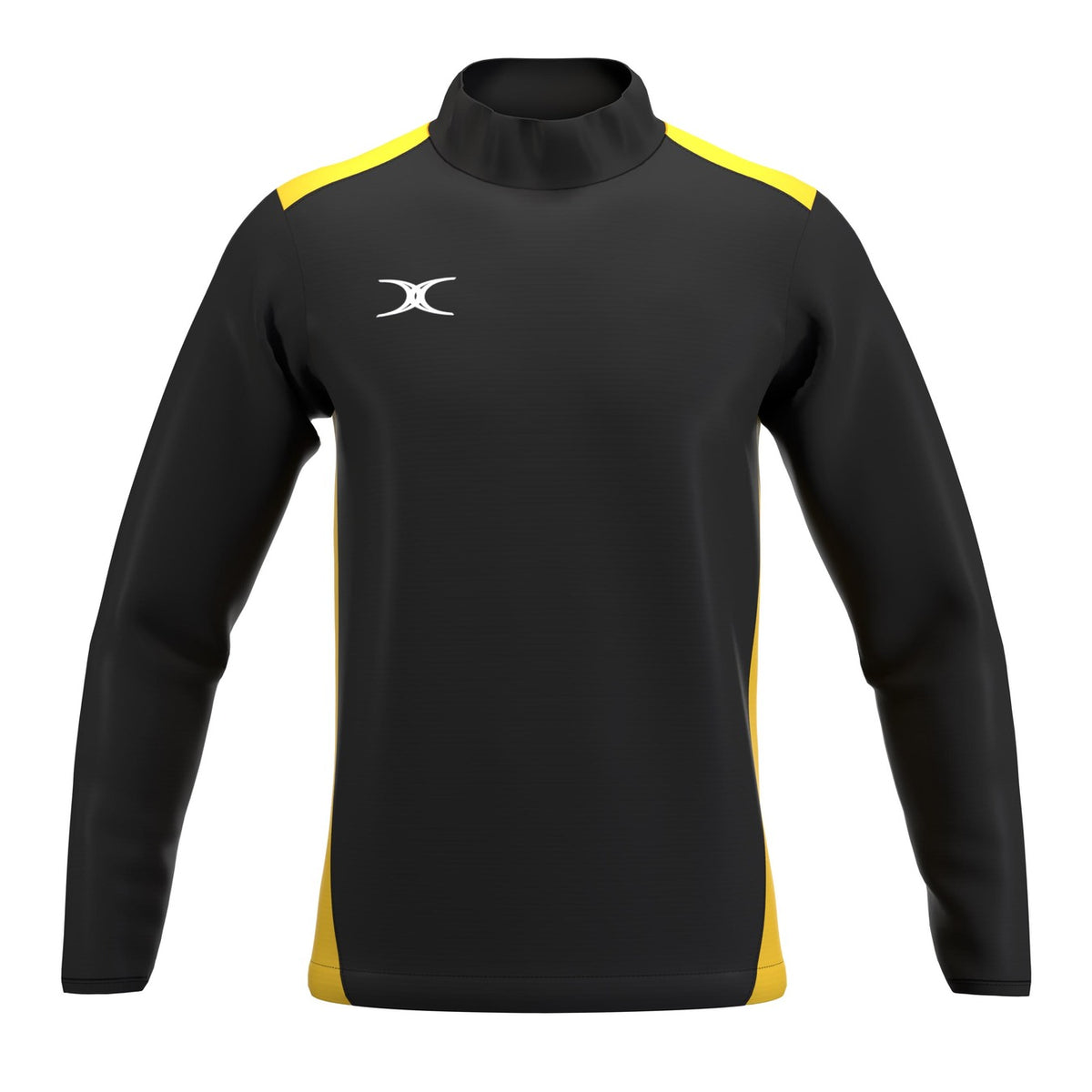 The Gilbert Atom Warm Up Jacket by Gilbert is a long-sleeve athletic jacket with a black front and sleeves, yellow shoulder panels and side accents, made from recycled polyester, featuring a white logo on the left chest.