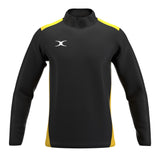 The Gilbert Atom Warm Up Jacket by Gilbert is a long-sleeve athletic jacket with a black front and sleeves, yellow shoulder panels and side accents, made from recycled polyester, featuring a white logo on the left chest.