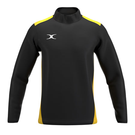 The Gilbert Atom Warm Up Jacket by Gilbert is a long-sleeve athletic jacket with a black front and sleeves, yellow shoulder panels and side accents, made from recycled polyester, featuring a white logo on the left chest.