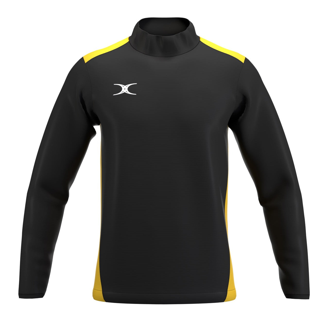 The Gilbert Atom Warm Up Jacket by Gilbert is a long-sleeve athletic jacket with a black front and sleeves, yellow shoulder panels and side accents, made from recycled polyester, featuring a white logo on the left chest.