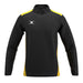 The Gilbert Atom Warm Up Jacket by Gilbert is a long-sleeve athletic jacket with a black front and sleeves, yellow shoulder panels and side accents, made from recycled polyester, featuring a white logo on the left chest.