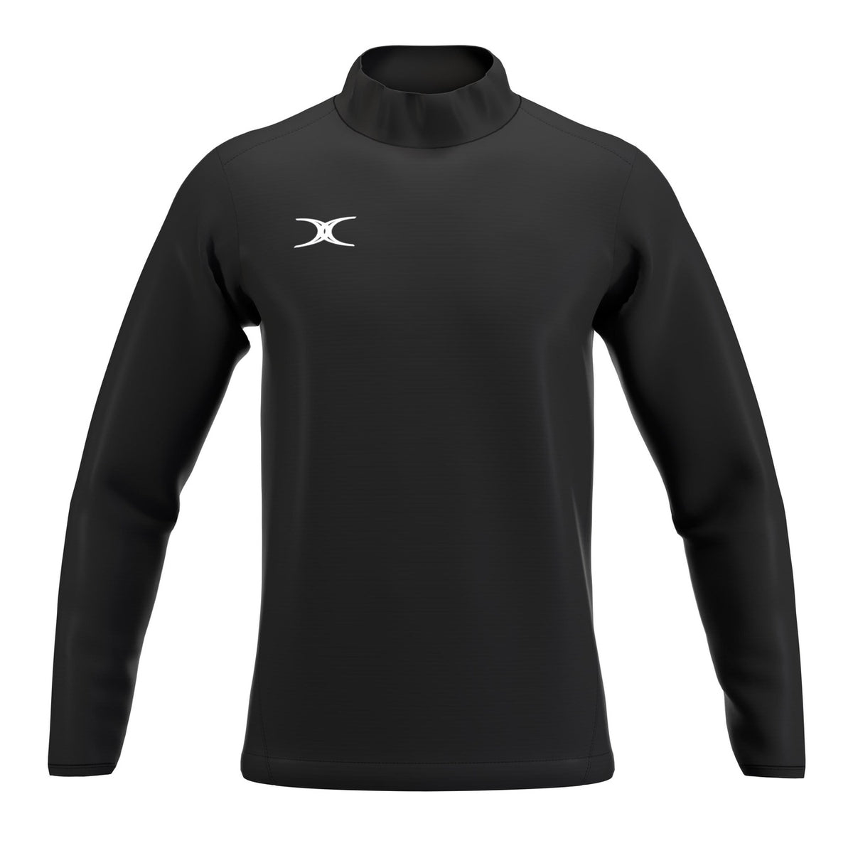 The Gilbert Atom Warm Up Jacket by Gilbert is a black, long-sleeve athletic shirt made from recycled polyester with a high collar and small white chest logo—shown on a plain white background, perfect for training or warm ups.