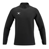 The Gilbert Atom Warm Up Jacket by Gilbert is a black, long-sleeve athletic shirt made from recycled polyester with a high collar and small white chest logo—shown on a plain white background, perfect for training or warm ups.