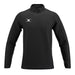 The Gilbert Atom Warm Up Jacket by Gilbert is a black, long-sleeve athletic shirt made from recycled polyester with a high collar and small white chest logo—shown on a plain white background, perfect for training or warm ups.