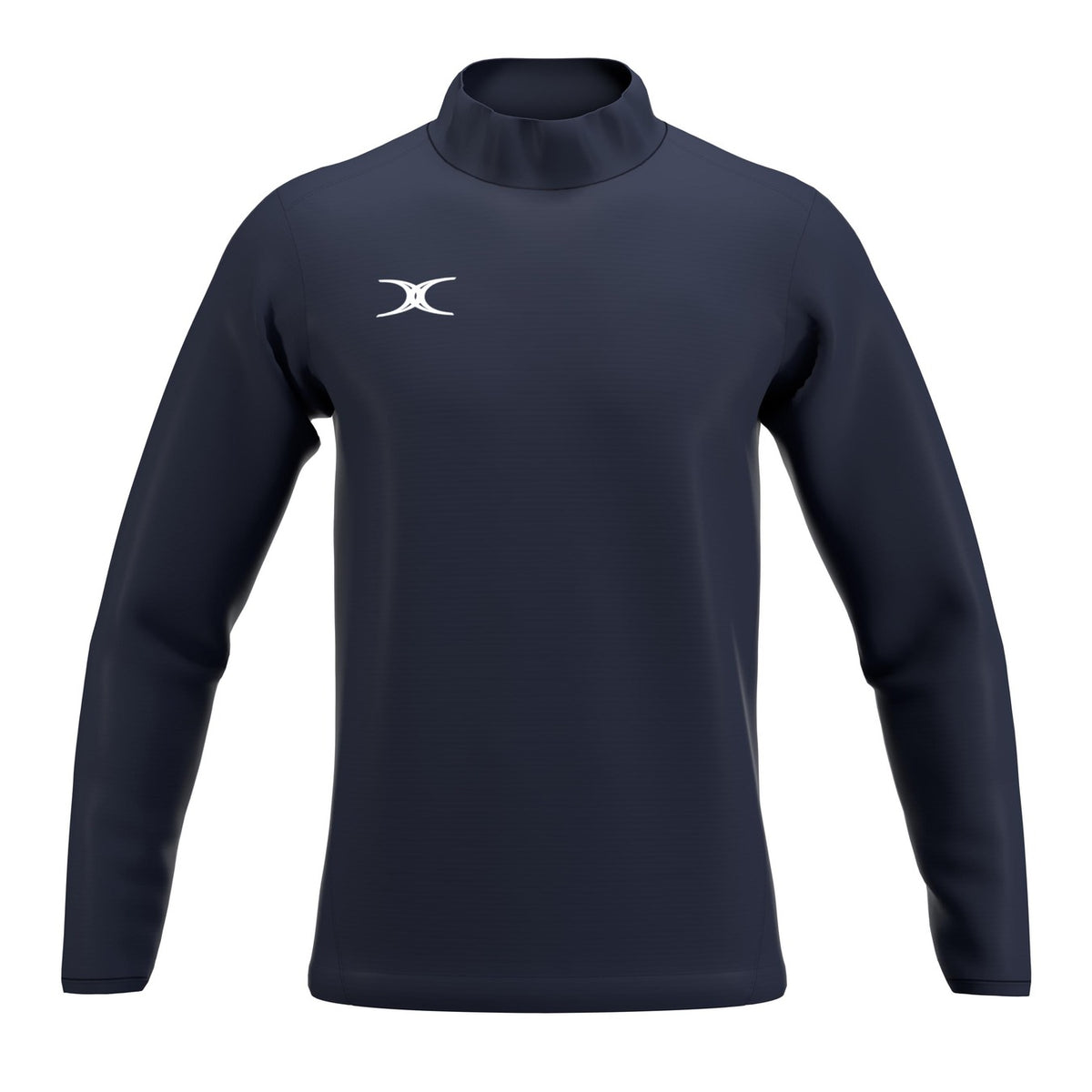 The Gilbert Atom Warm Up Jacket by Gilbert is a navy blue, long-sleeve training outerwear with a high collar and white logo on the left chest, made from recycled polyester. Displayed on a white background.