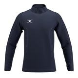 The Gilbert Atom Warm Up Jacket by Gilbert is a navy blue, long-sleeve training outerwear with a high collar and white logo on the left chest, made from recycled polyester. Displayed on a white background.
